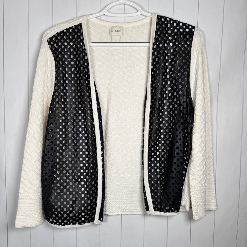 Chico’s Size 1 Perforated Open Cardigan Sweater Ivory/Black Casual Office Top‎